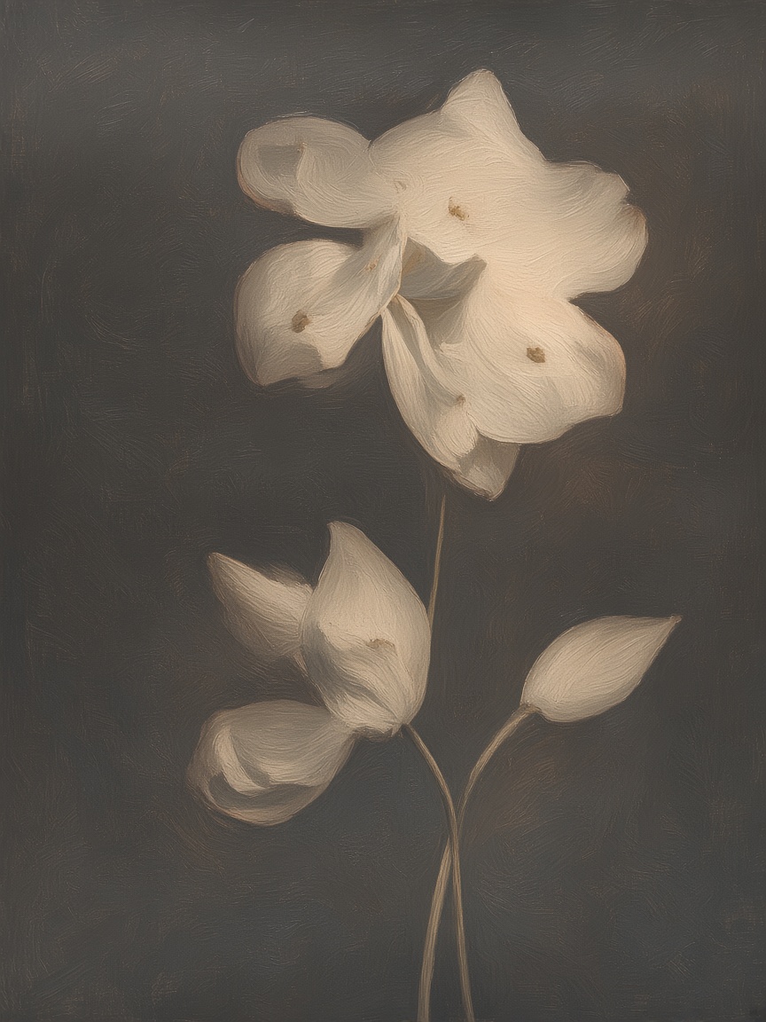 Pale blossoms on a dark still-life ground