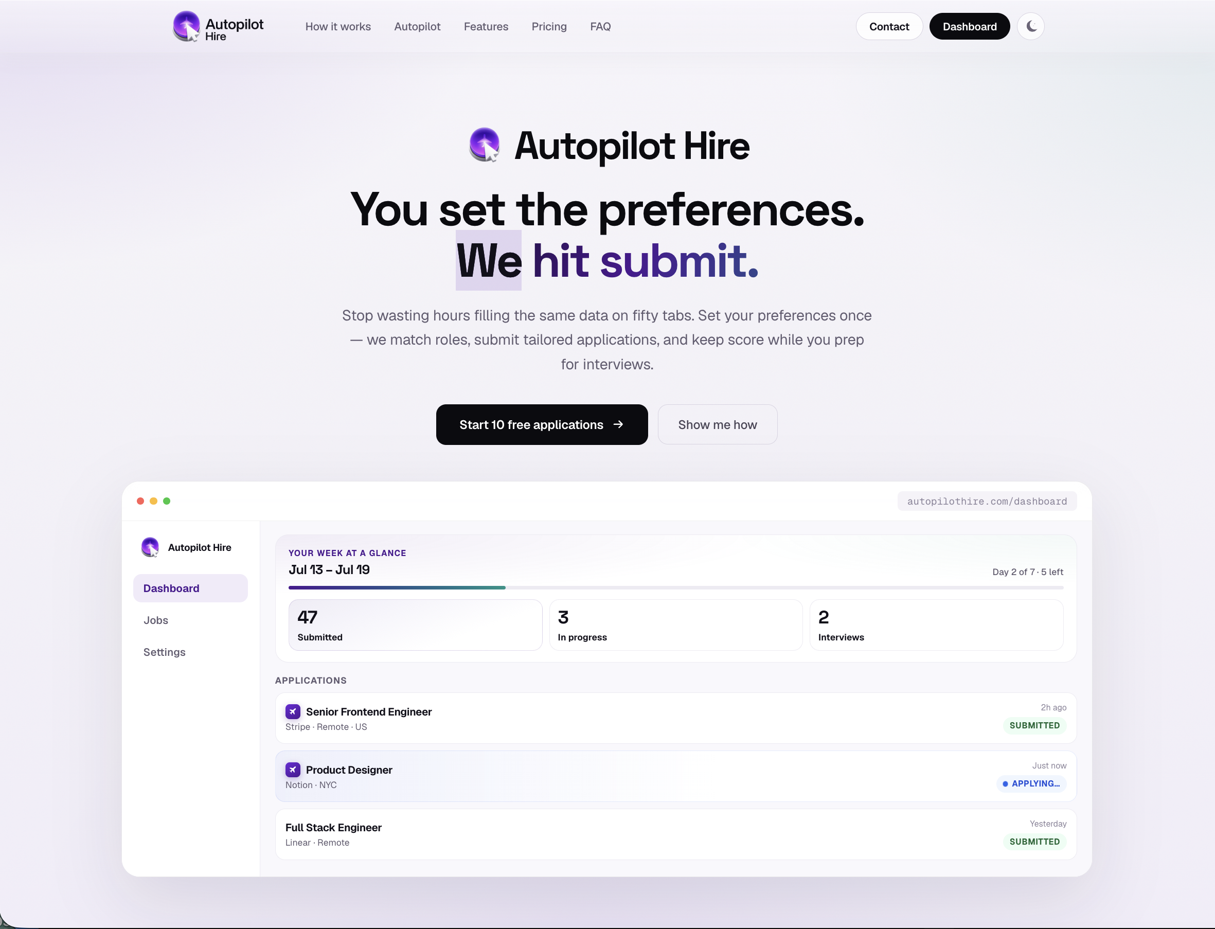 Autopilot Hire landing page with weekly application dashboard